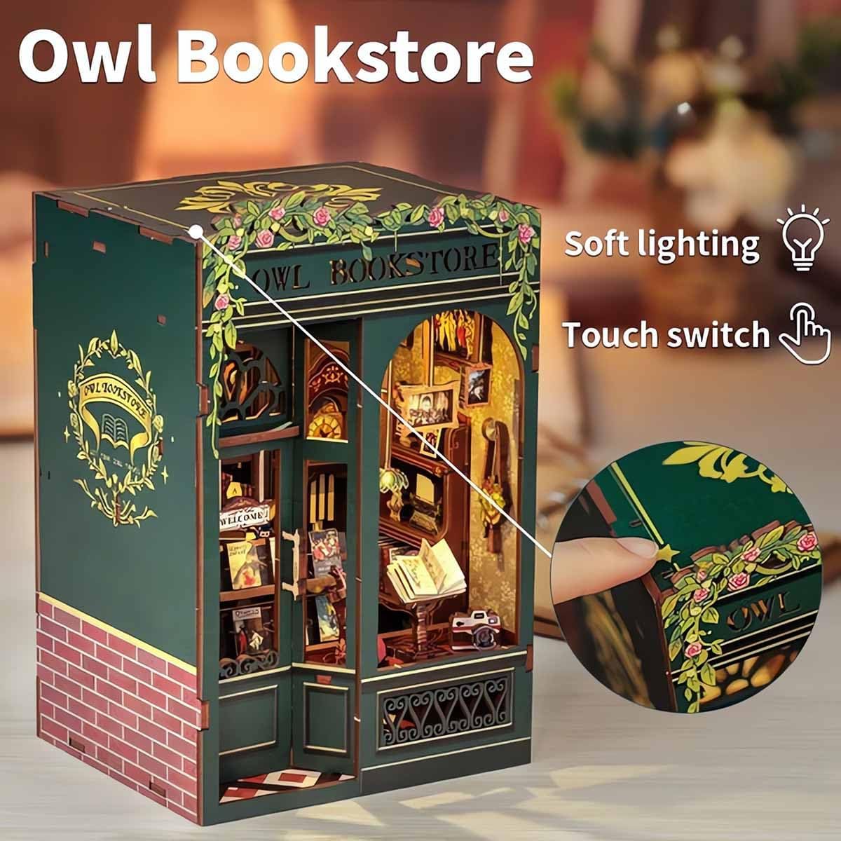Hands Craft DIY Miniature Kit Book Nook - Owl Bookstore | Enchanting Nocturnal Library | Whimsical Design, Vintage Charm | Cozy Bookshelf Decor | Wonderful Gift for Book & Owl Lovers