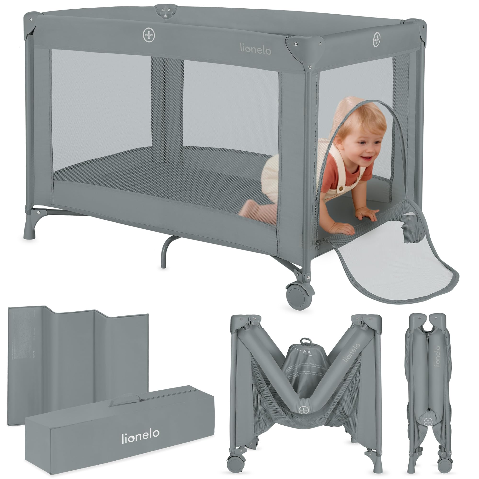 Lionelo Cuna de viaje para bebé Amelie desde el nacimiento hasta los 15 kg, Pequeña, Plegable, Colchón blando plegable, 100,5x70,5 cm, 2 ruedas, Entrada lateral, Bolsa de transporte