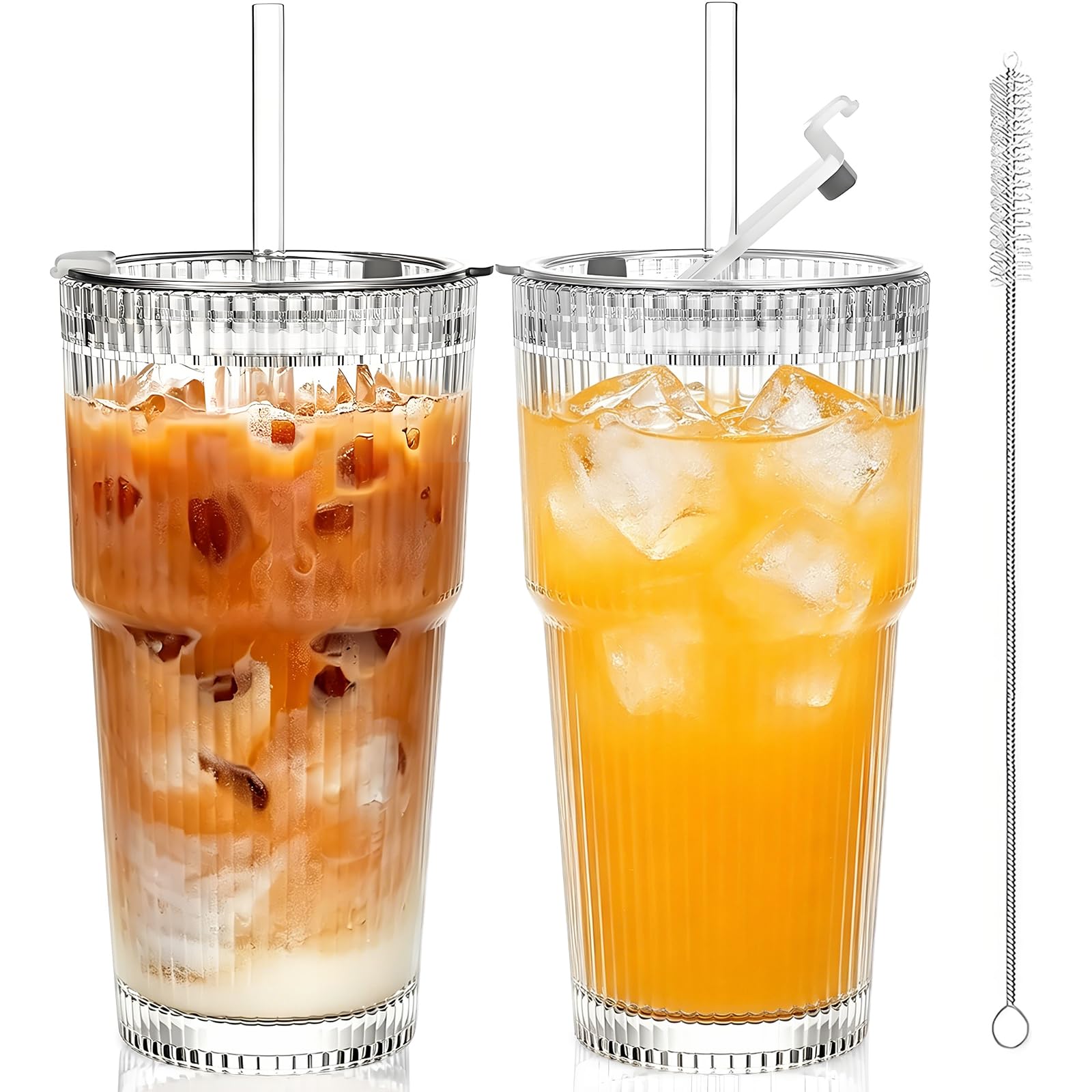 RIPETIC Iced Coffee Cup, 2 Pack 600ml Glass Cup with Lid and Straw, Leakproof Glass Tumblers for Smoothies, Iced Latte, Matcha, Juice, Dishwasher Safe, Home Office Car Gift Giving