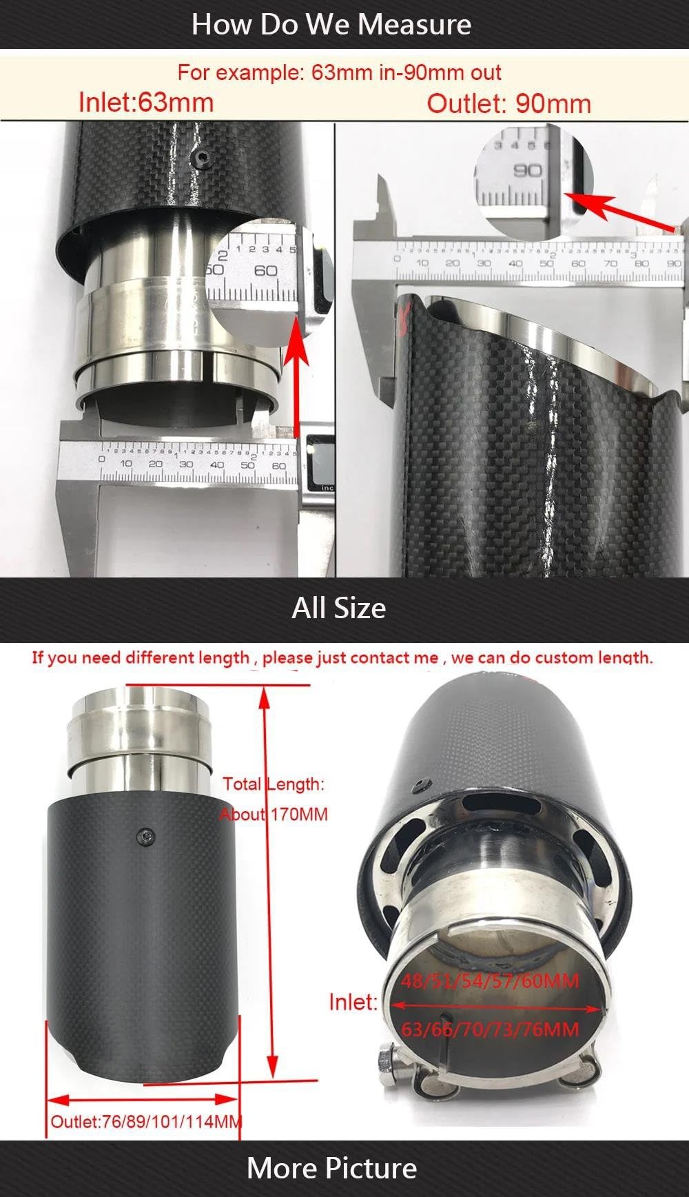 Terminale di Scarico Universale 2.5 "Aspirazione Punta Scarico Tubo Coda Silenziatore Ugello In Acciaio Inox Smussato Vernice Cottura Completa Nero Posteriore Coda Gola(63MM IN-76MM OUT)