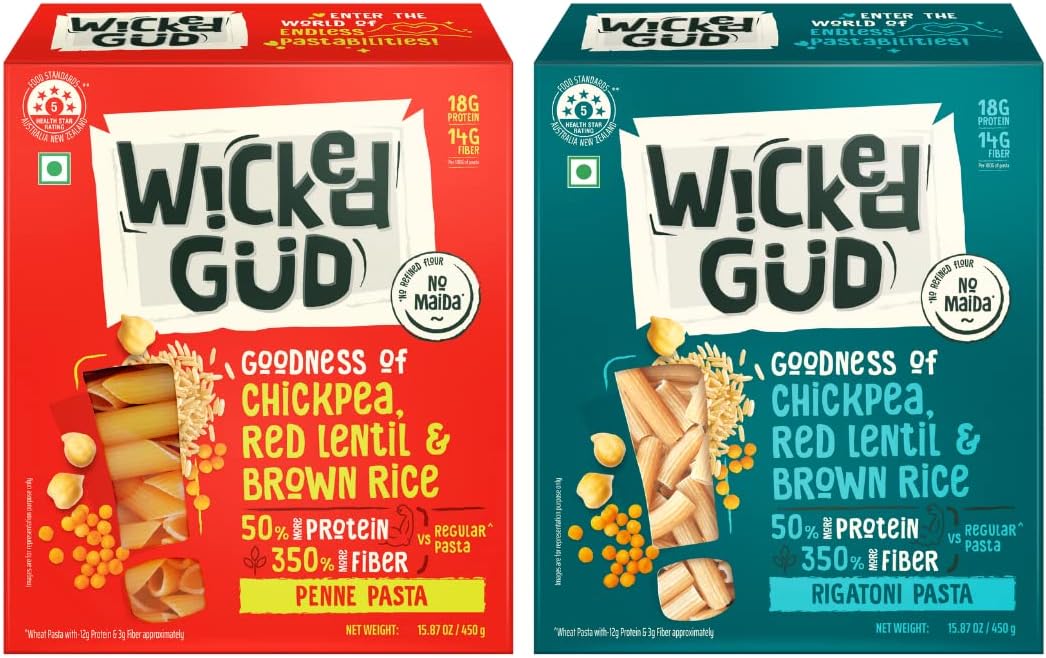 WickedGud High Protein & Fiber Penne (450gm) & Rigatoni (450gm) Pasta | No Maida | Gluten Free | Vegan | Brown Rice Healthy Diet Pasta