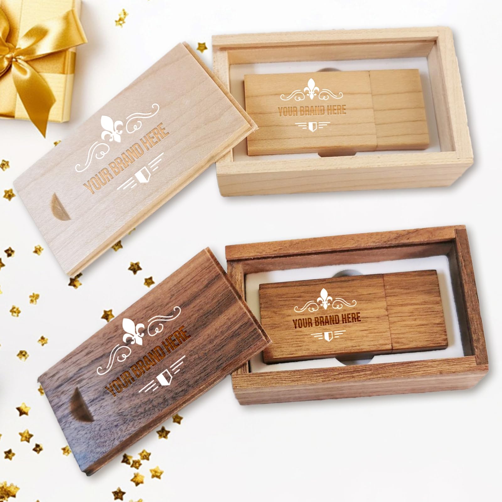JBOS Individueller Holz USB-Stick 4 GB – 10er-Pack mit Holz-Geschenkbox – Personalisierter USB 2.0 Stick für Werbung, Events & Business – Ahorn oder Walnuss Holz