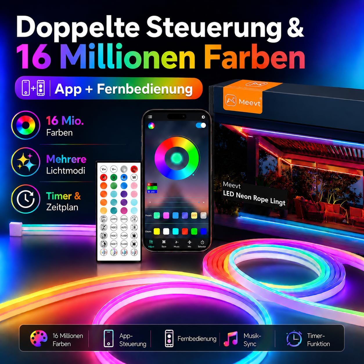 Meevt RGB Neon LED Strip 20m, 24V LED Streifen für Outdoor und Innenbereich | 72 LEDs/m, IP65, Weiches Silikonmaterial, 120° Seitenbeleuchtung, App und Fernbedienung, Musik Sync, Terrasse Garten Deko