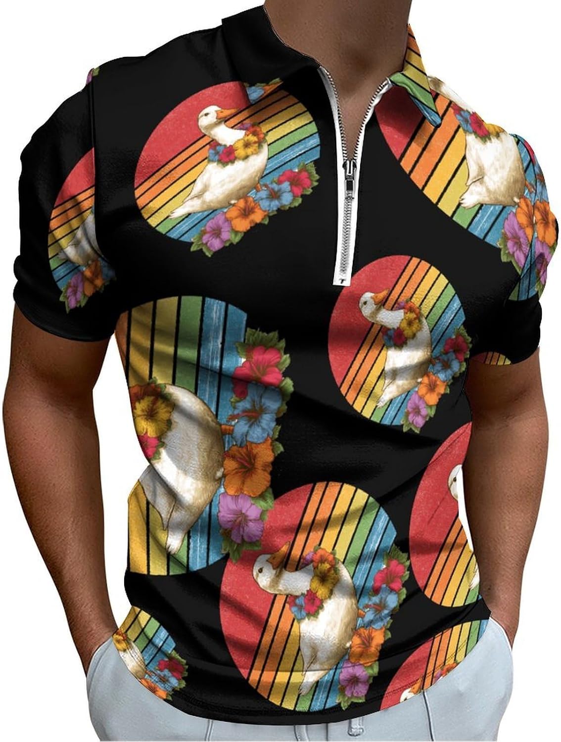 Vintage Duck Farm Animal Men's Polo Shirts Golf Short Sleeve Tops | Casual Workout,Golf T-Shirt,Zippered Tee,Collared,Print