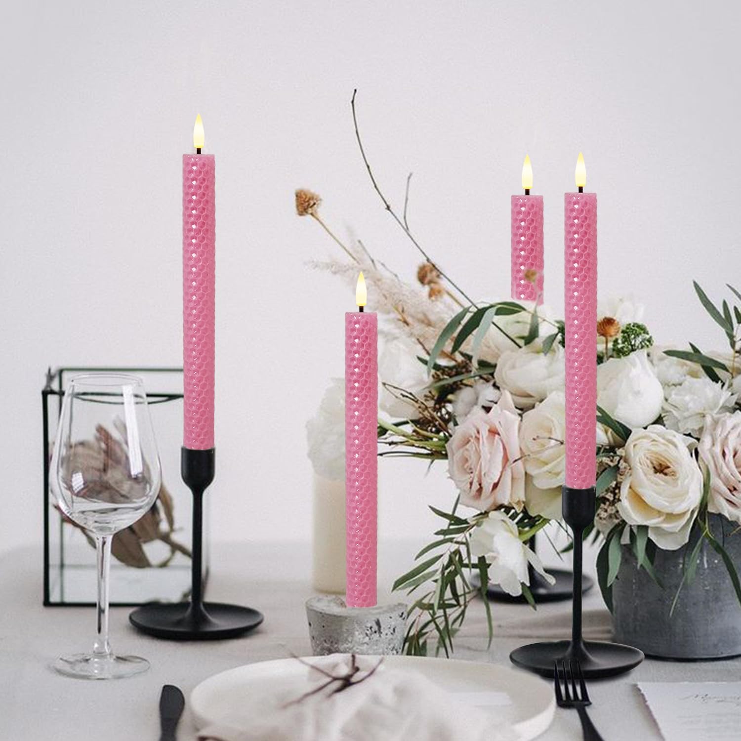 Pink Honeycomb Flameless Taper Candles, 9.5 Inch Flickering Candles with Remote and Timer, Real Beeswax Battery Operated Led Candle for Christmas Party Home Decoration, 6PCS