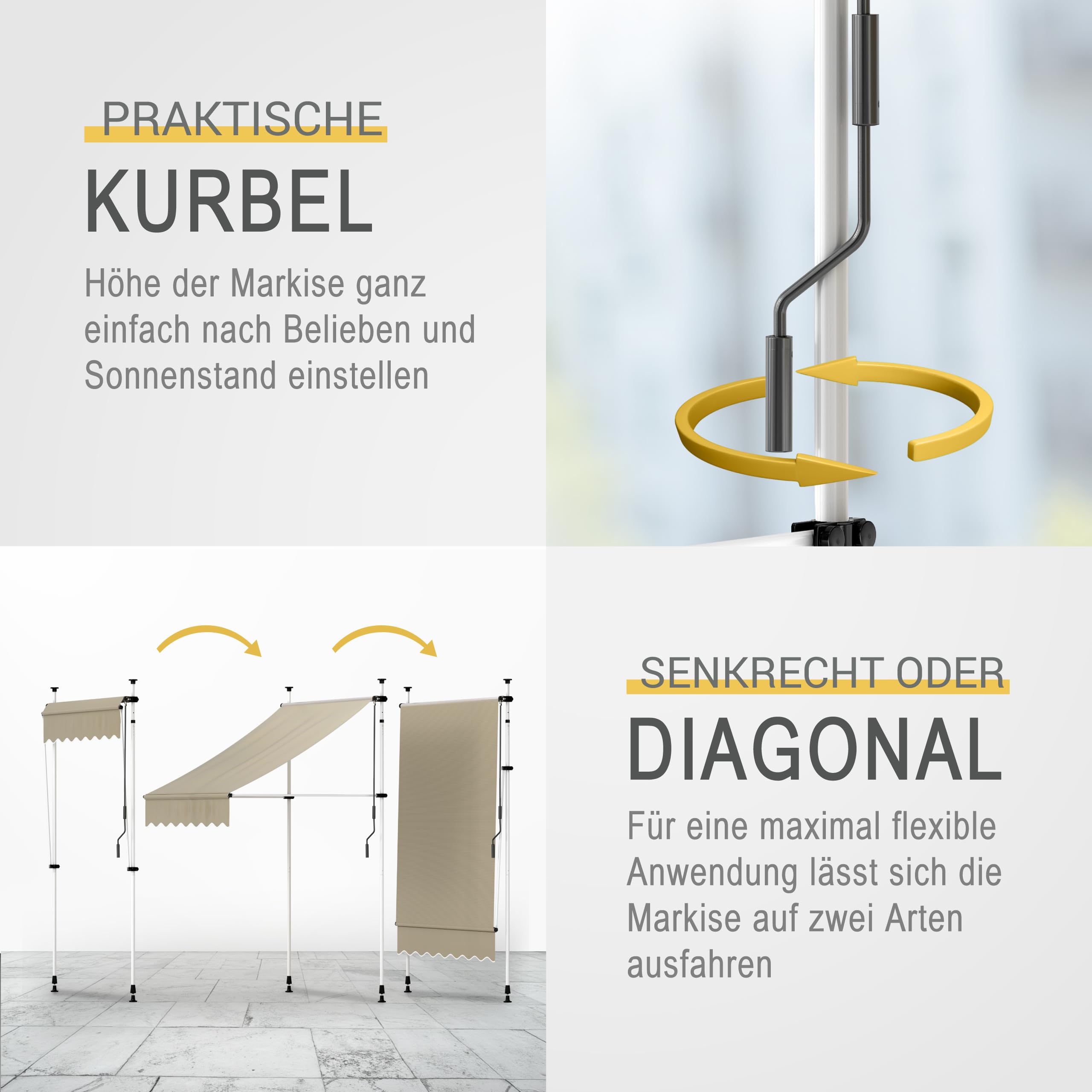 Sol Royal Klemmmarkise 2m breit ohne Bohren – Klemm-Markise mit Handkurbel Balkon Terrassen Sonnenschutz - Standmarkise Beige UV-Beständig Balkonmarkise zum Klemmen Witterungsbeständig BM3