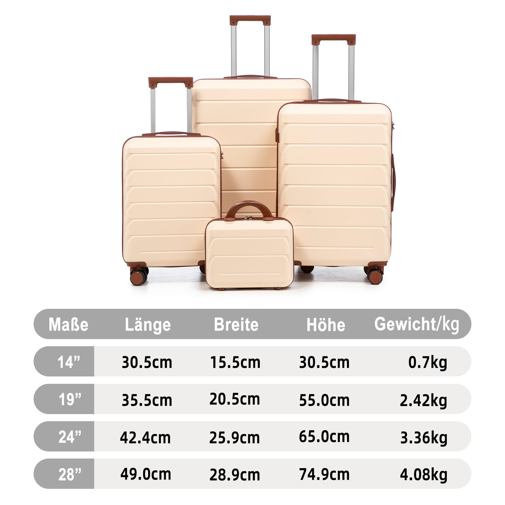 Set di 4 Valigie in ABS con Beauty Case, Viaggio, Beige