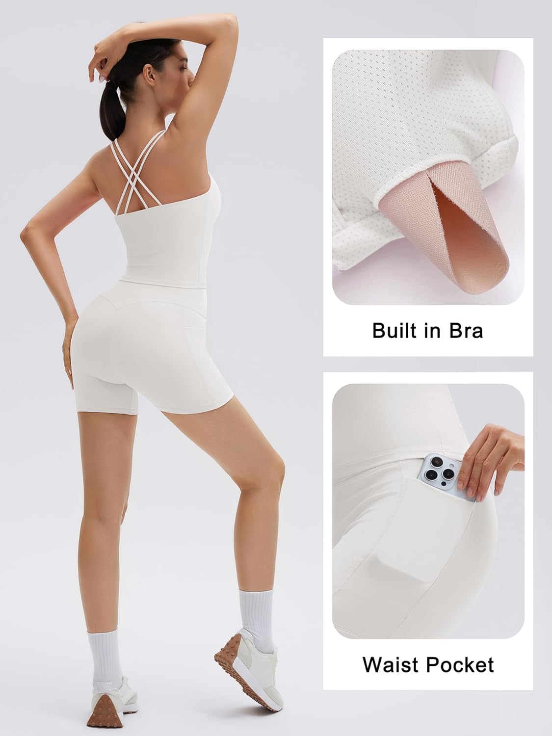 SUUKSESS Women 2 Piece Workout Sets Padded Low Impact Yoga Tops High Waisted Biker Shorts with Pockets