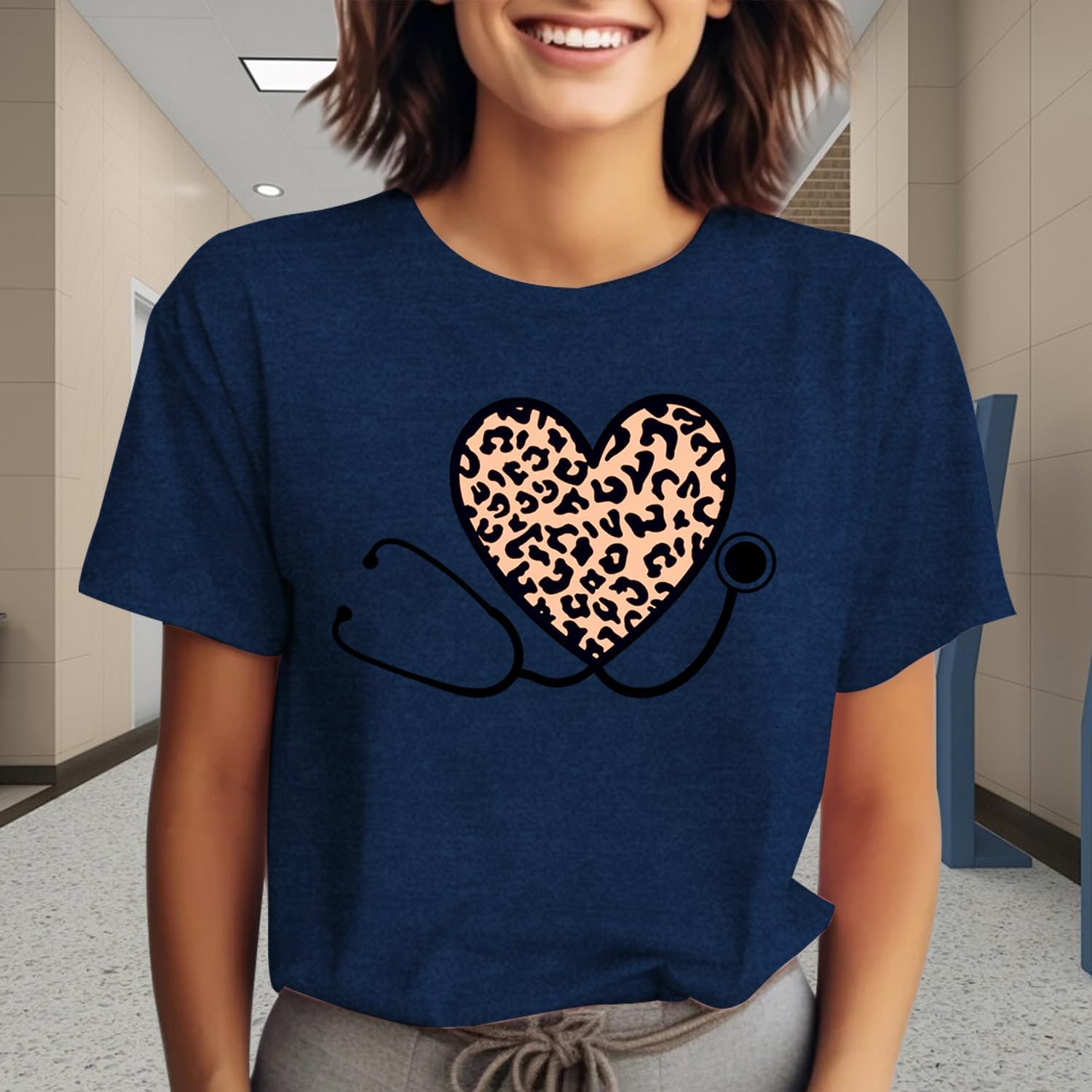Nurse Shirts for Women School Nurse Stethoscope Heart Print Tshirt Nursing Week Tee Tops - Image 2