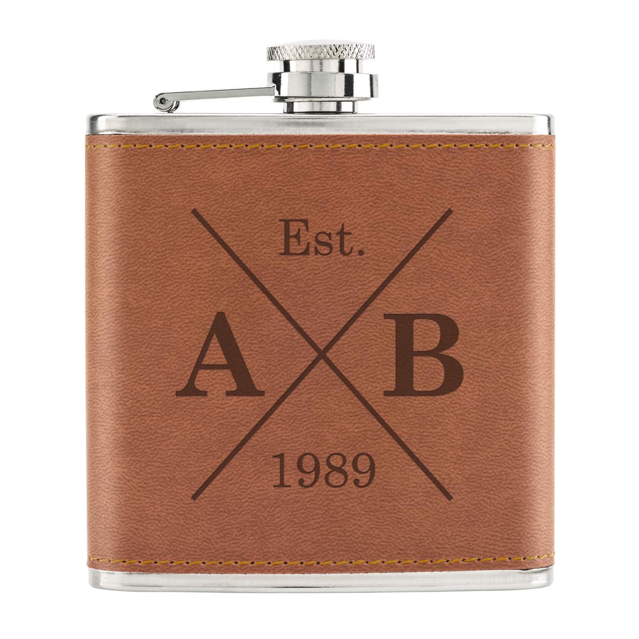 Fiaschetta Personalizzata 170ml Acciaio Inox Con Custodia Pelle Sintetica Marrone | Incidi Nome O Data | Regalo Originale Uomo