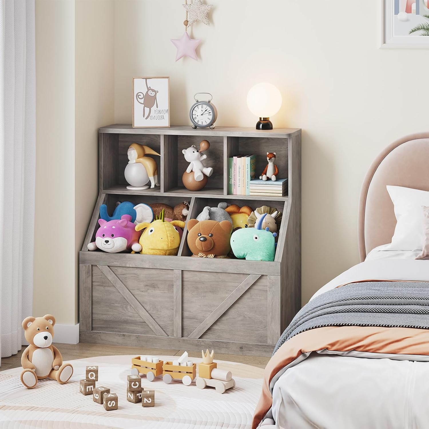 IDEALHOUSE Kids Bookshelf and Toy Storage, Toy Storage Organizer, Toy Organizer with Storage Cabinet and Toy Shelf, Toddler Book Shelf for Kids Rooms, Playroom, Bedroom, Nursery, Daycare, Washed Grey