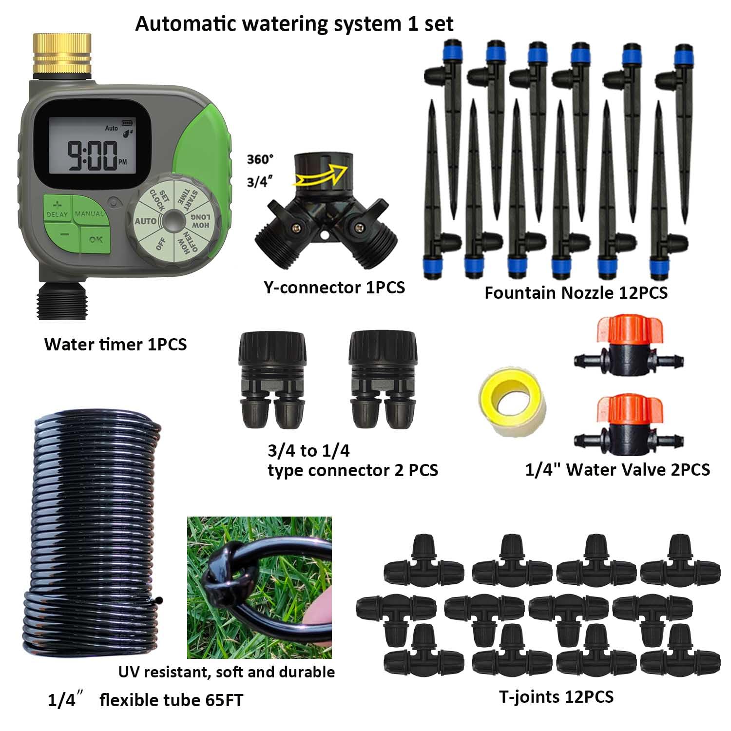 Tropfbewässerungs-Set mit Garten-Timer, Pflanzenbewässerungssystem mit Schlauch-Spüldüsen und Wasser-Timer, Schnellverbinder-Kits, einfach zu montieren, 1,8 m
