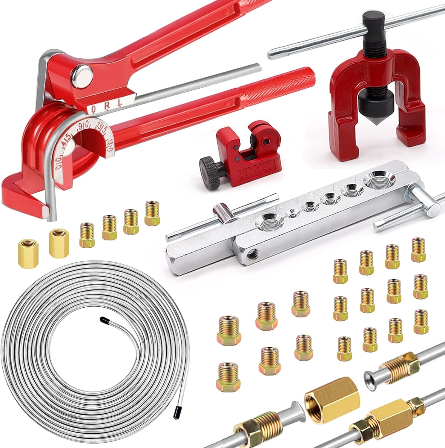 smseace 26Pack 3/16 Inch Brake line kit Include 25 FT Zinc-Plated Brake Lines with Fitting(16pcs Fittings,2pcs Union+4pcs Nut) Brake line Bender,Single Flare Tool,Cutter 3/16 Inch Brake line kit 3/16inch Silver