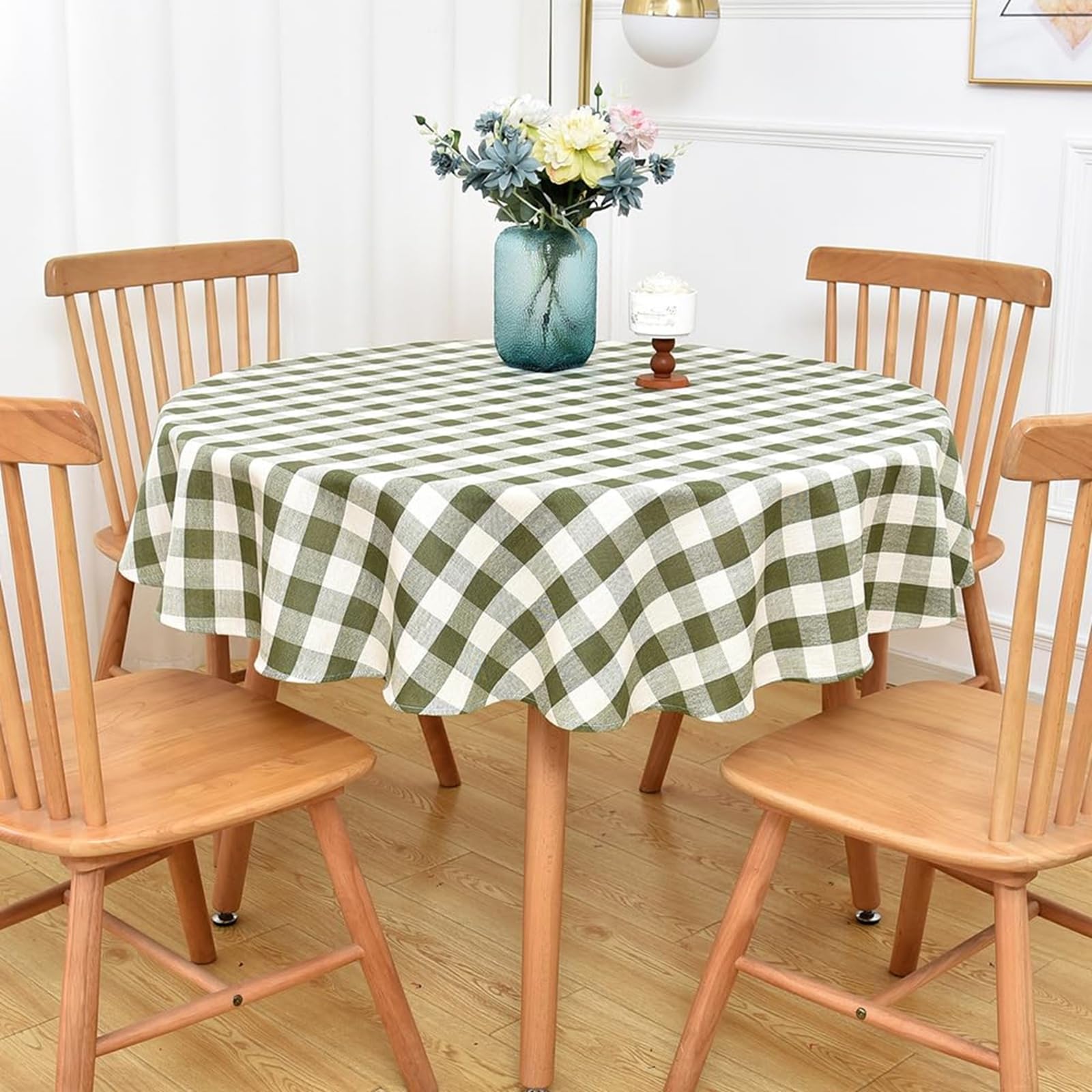 Yofori Gingham Round Tablecloth, 135cm Heavy Duty Cotton Blend Checkered Table Cloth Round Table Cover for Kitchen Dining Outdoor Picnics (Green, 53 inch)