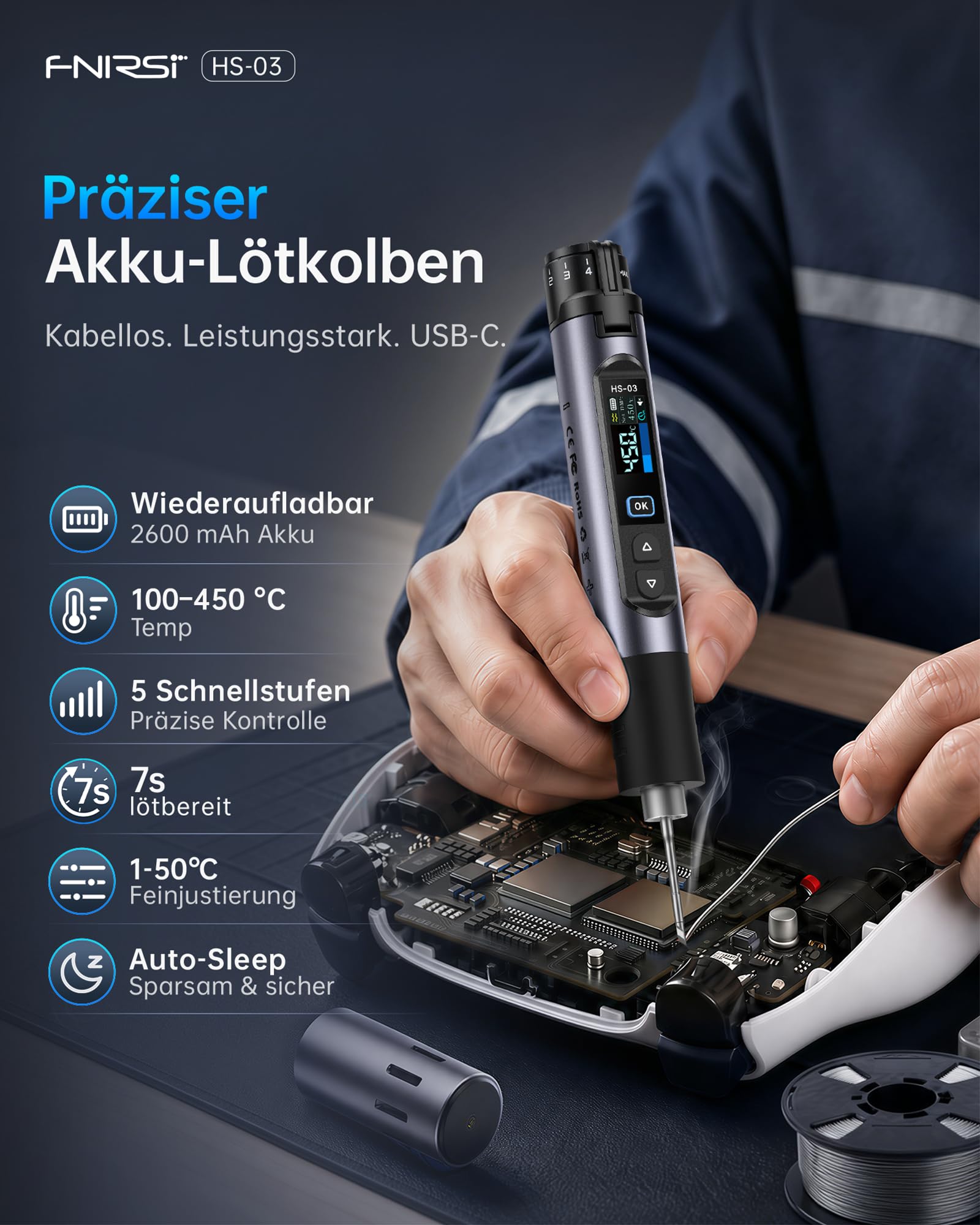 FNIRSI HS-03 Akku Lötkolben Set, kabelloser Lötkolben mit 2600mAh Akku, 100–450°C, 3s schnelles Aufheizen, 5 Temperaturstufen, 0,96" IPS Display, tragbarer Lötkolben für Elektronik, DIY, PCB