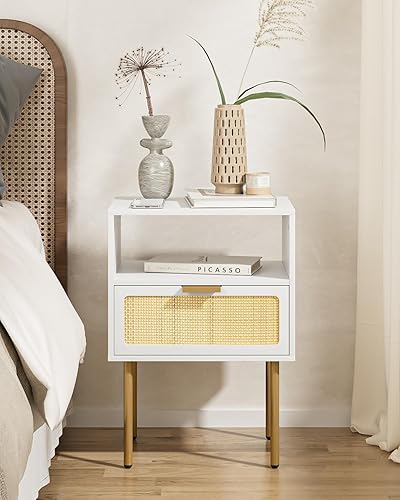 Mesita de noche de ratán, cómoda con cajón para dormitorio, mesa auxiliar pequeña con cajón, muebles de noche, mesa auxiliar con marco dorado para