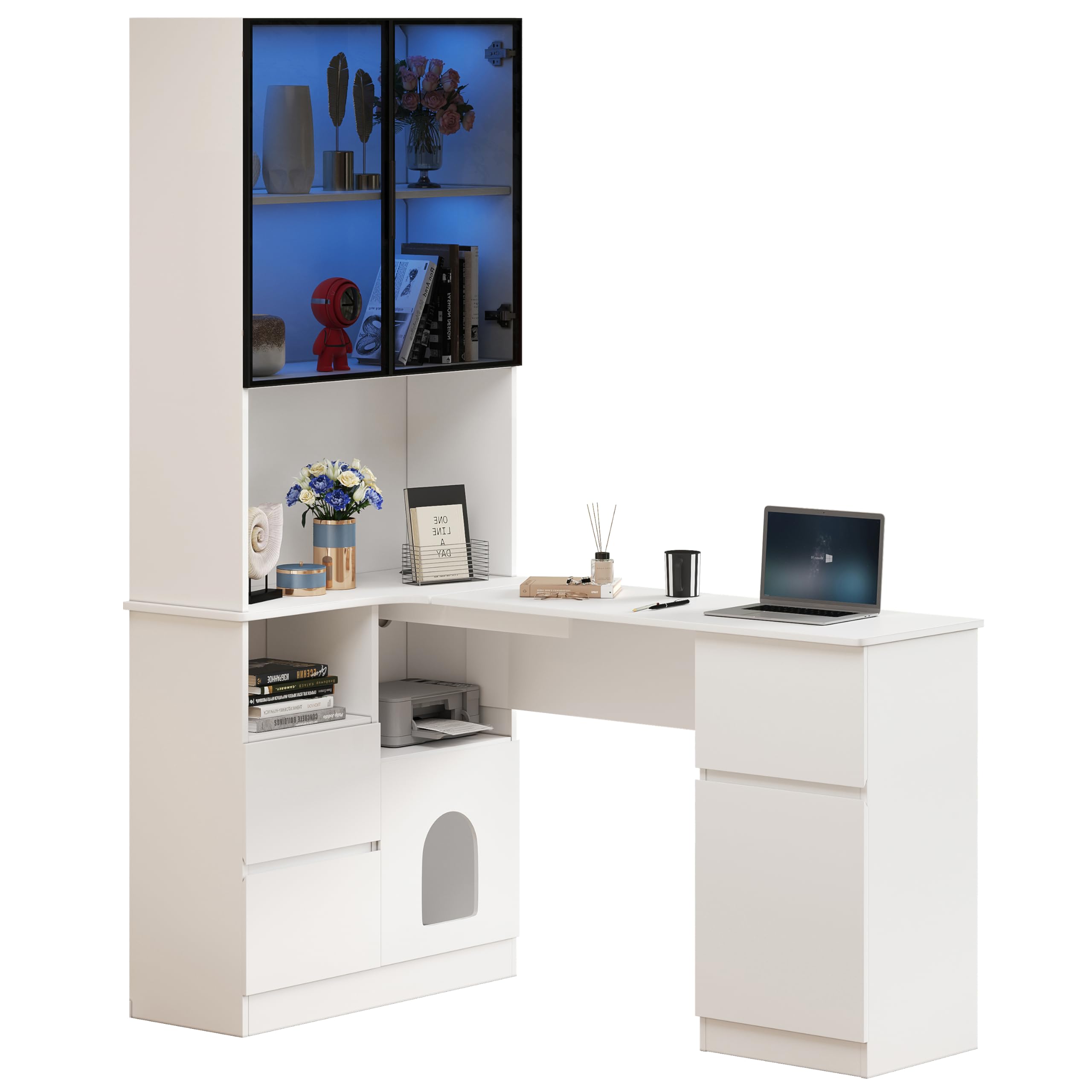 Scrivania angolare con ripiano e vetrina a LED, scrivania con passacavi, 3 cassetti, 2 ante, scomparti aperti, una scrivania angolare con libreria integrata, 120 x 80 x 180 cm