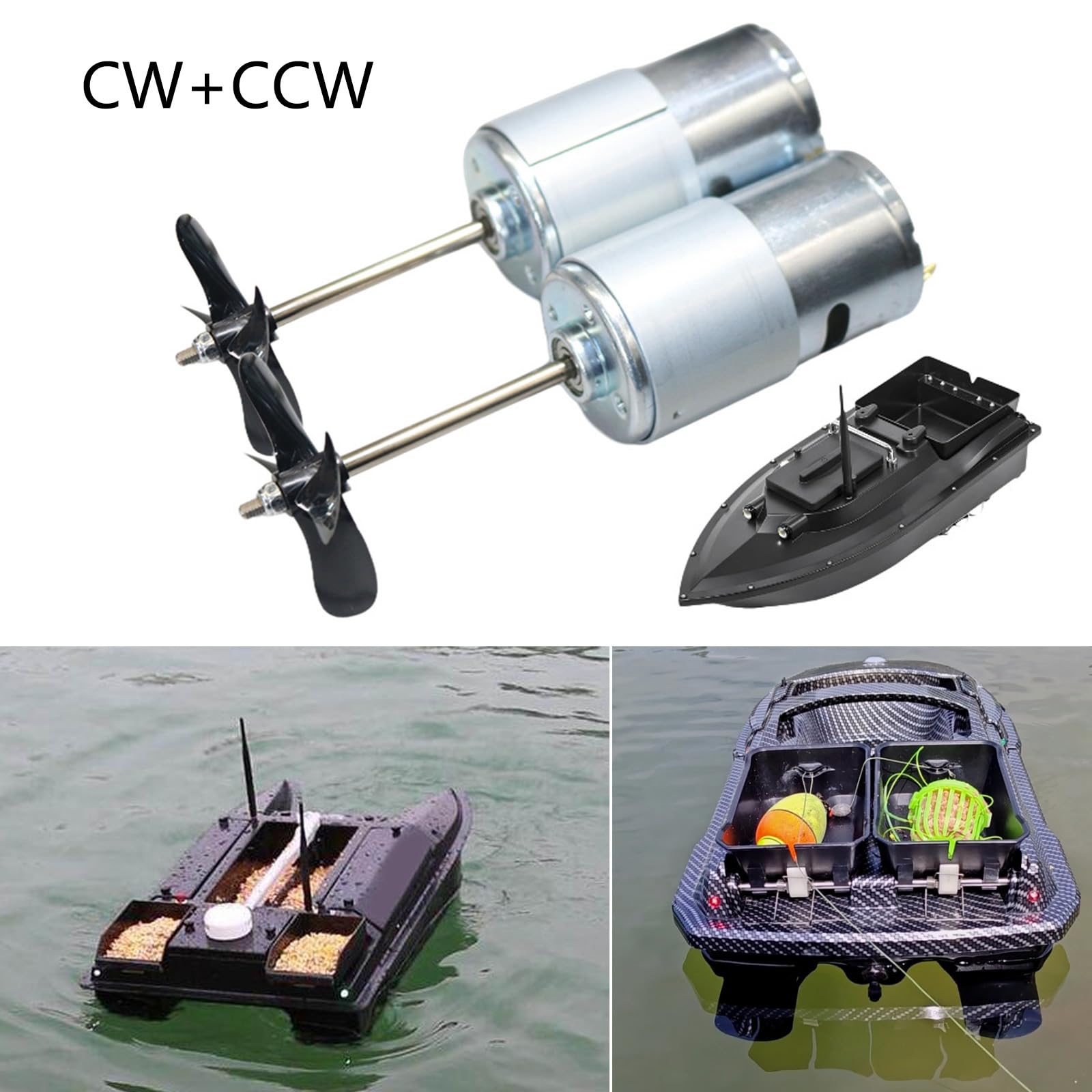 Motores de 12 V con hélices dobles de 60 mm hacia adelante y hacia atrás para control flexible de barcos, acero de alta velocidad, bajo consumo de energía, motor de eje largo de barco de cebo