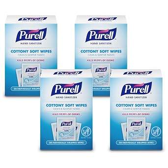PURELL Cottony Soft Hand Sanitizing Wipes Clean Scent, 24 Individually Wrapped Wipes Pack of 4 Boxes - 9029-04-CMR
