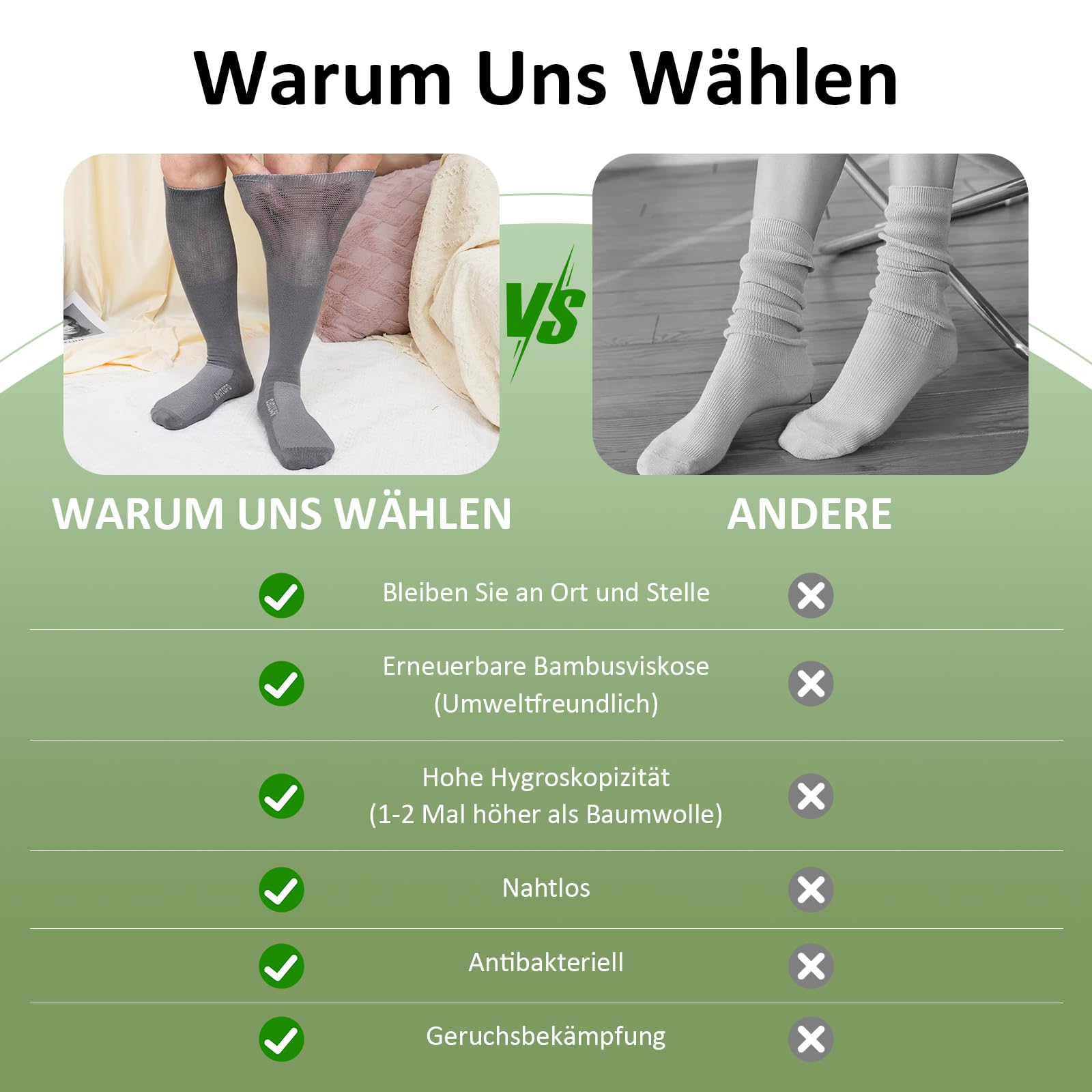 ZAKASA Diabetiker Socken für Damen Herren: Bambus Extra Weite Diabetiker Socken mit Komfortbund Ohne Gummi Ohne Naht Kniestrümpfe für Geschwollene Füße Senioren 2 Paar