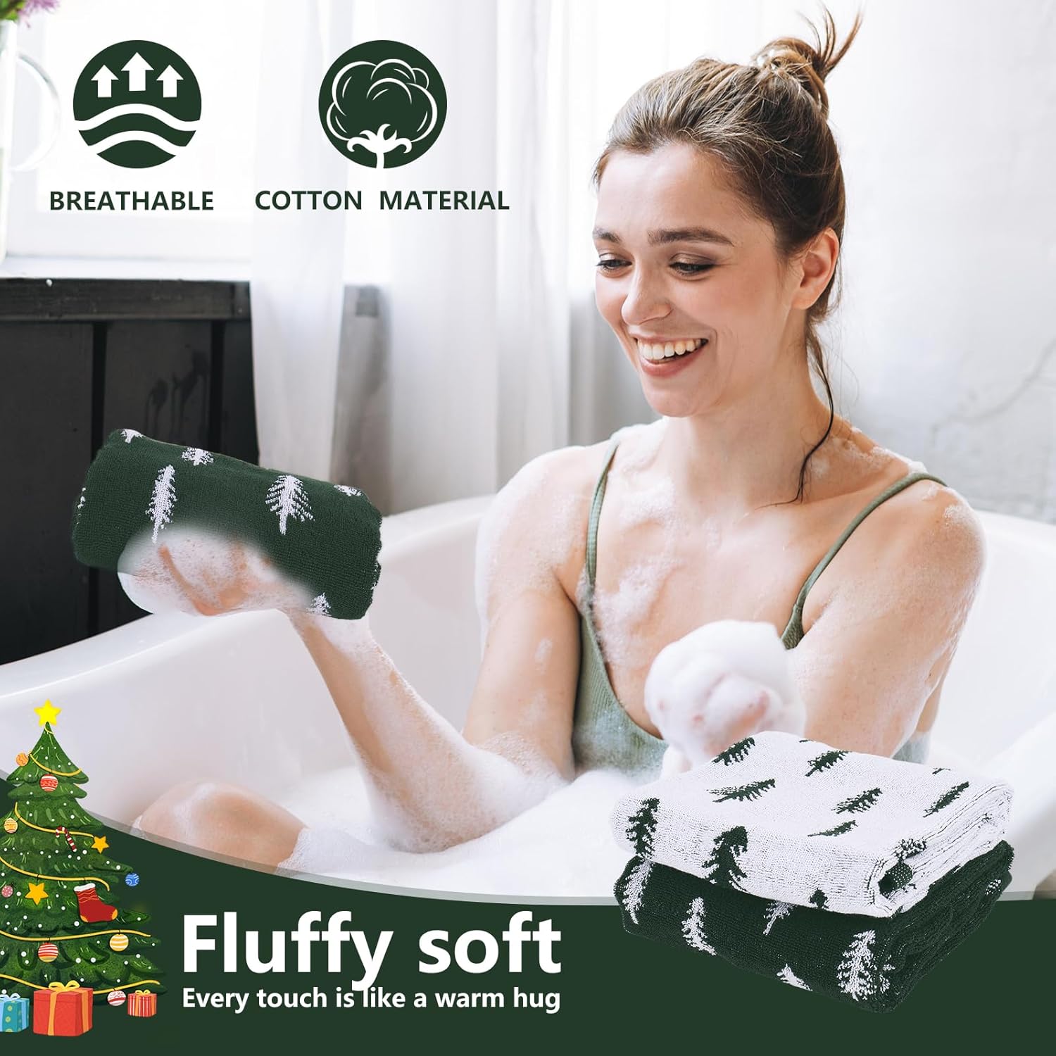 JarThenaAMCS 2 Pack Christmas Hand Towels Green White Pine Tree Decorative Towel Xmas Tree Cotton Bathroom Towel for Kitchen Drying Cleaning, 29.5 x 13.7 Inch - Image 7