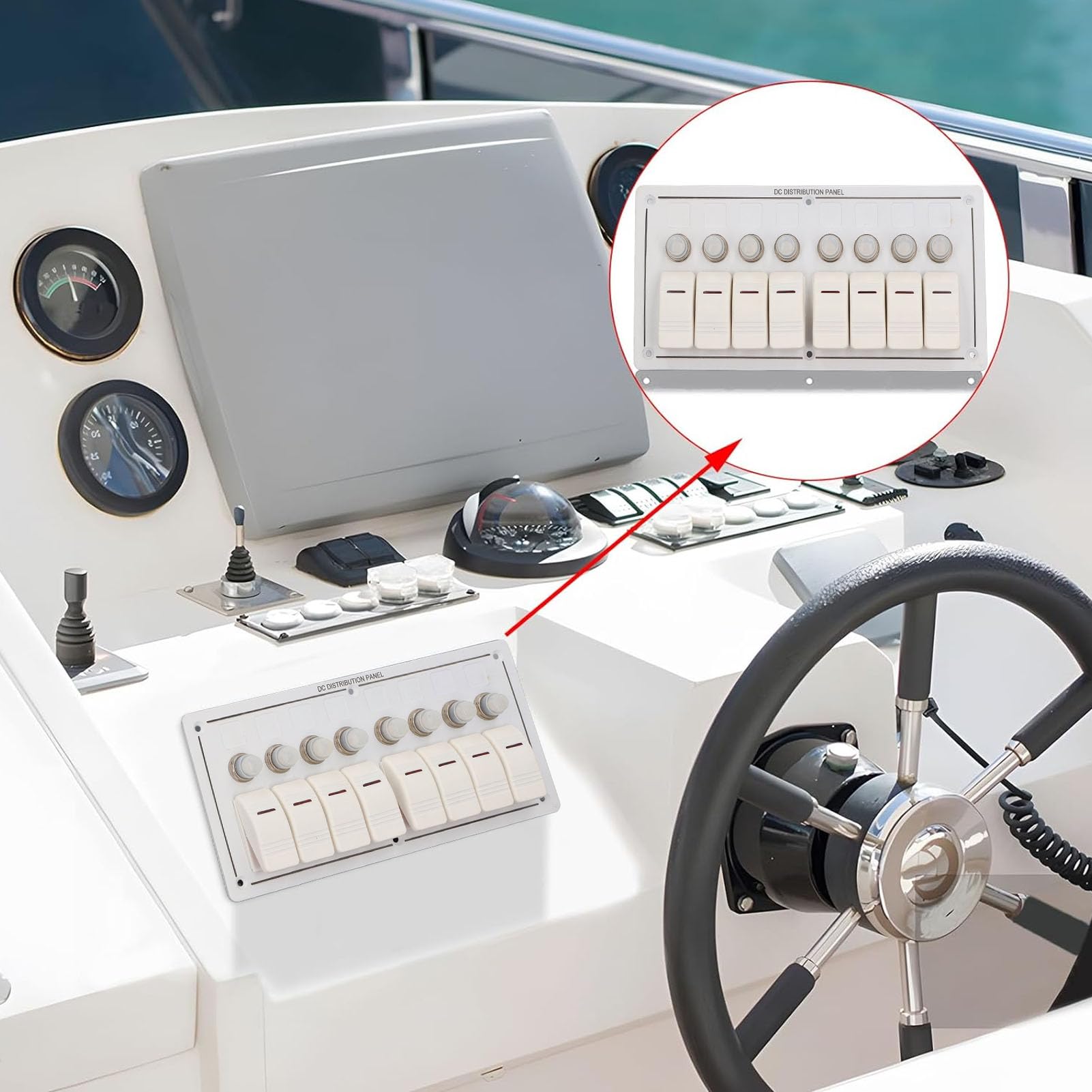 Panel de control de aluminio impermeable de 8 vías con protección contra sobrecarga para luces marinas, GPS para barcos, yates, caravanas