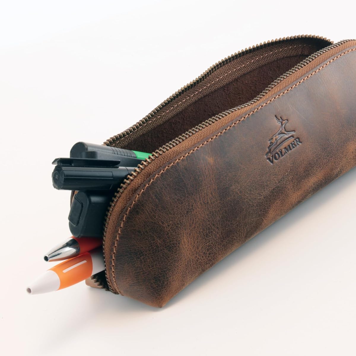 Fa.Volmer Piórnik ze skóry – piórnik do biura, na uczelnię, do szkoły i pracowni – etui na długopisy, teczka na przybory, brązowy, vintage