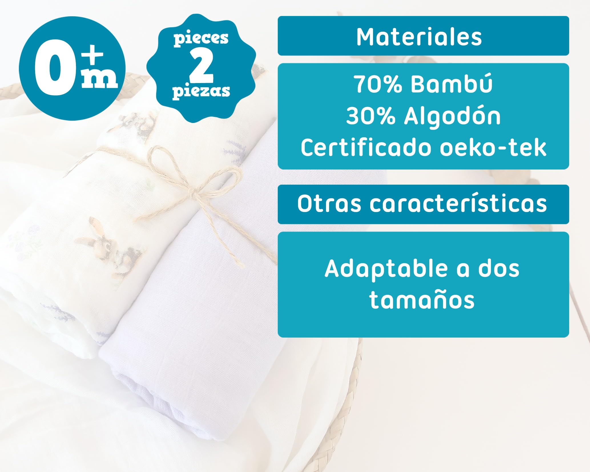 Kiokids | Set 2 Mussole, Coniglietti e Lavanda | Collezione Petit Moments | 70% bambù e 30% cotone | Ultra morbido | Antibatterico e termoclimatico | Protettore UV |+0 mesi | 120x120cm