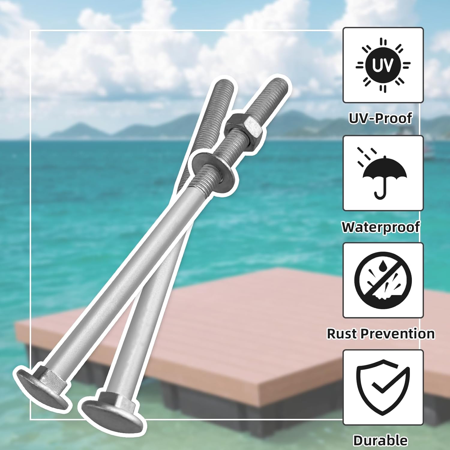 1/2" x 8" (8 pcs) Galvanized Carriage Bolt Kit, Includes 1/2" M12 Flat Washers and 1/2" M12 Nuts, Hot Dip Galvanized Q235 Steel for Exterior Use, Ideal for Dock Maintenance