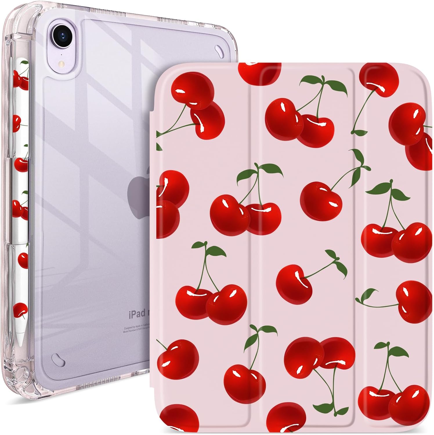 Kawaii Cherry Pink iPad iPad mini 6/7 case with Pencil Holder 8.3-Inch (2021/2024) – Tri-Fold Stand,Auto Sleep/Wake, Cute Protective Cover with DIY Stickers for Women & Girls (Cherry Pink)
