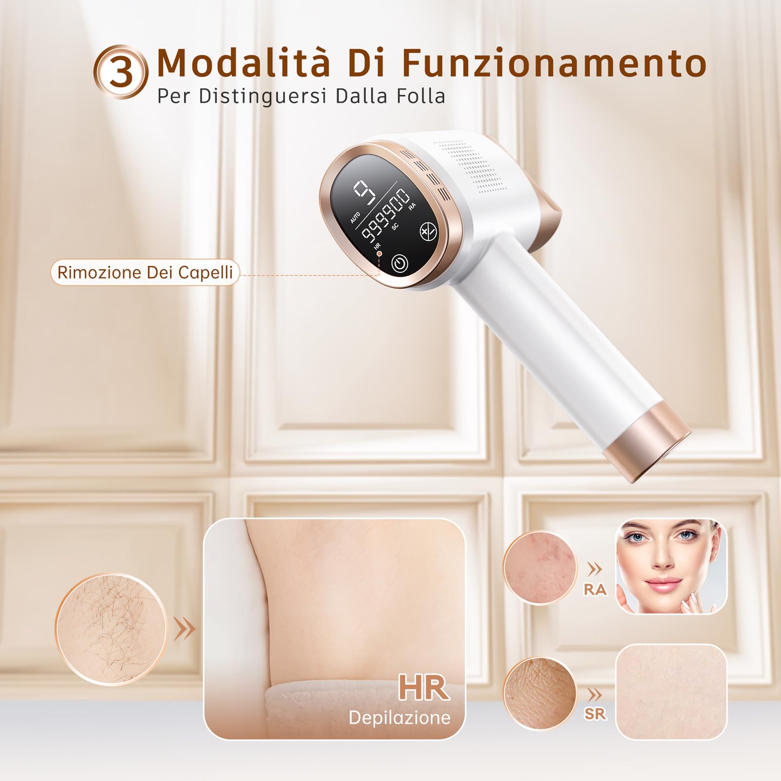 Prettivo Epilatore Luce Pulsata, IPL Luce Pulsata Epilatore Con Schermo LCD, 9 Livelli di Energia, 999,900 Lampi, 3 In 1 Modalità HR/SC/RA,Epilatore a Luce Pulsata Per Braccio, Gamba, Corpo, Bikini