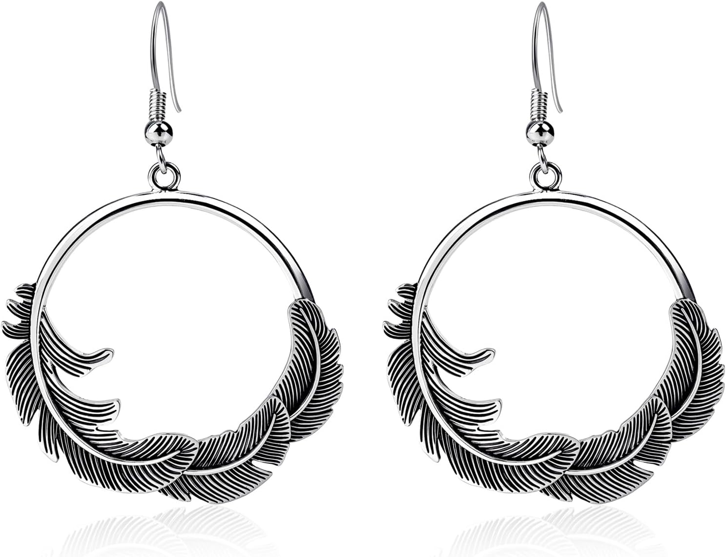 Silver Boho Earrings – Silver Circle Drop Dangle Earrings with Feather Design, Vintage Round Jewelry for Women