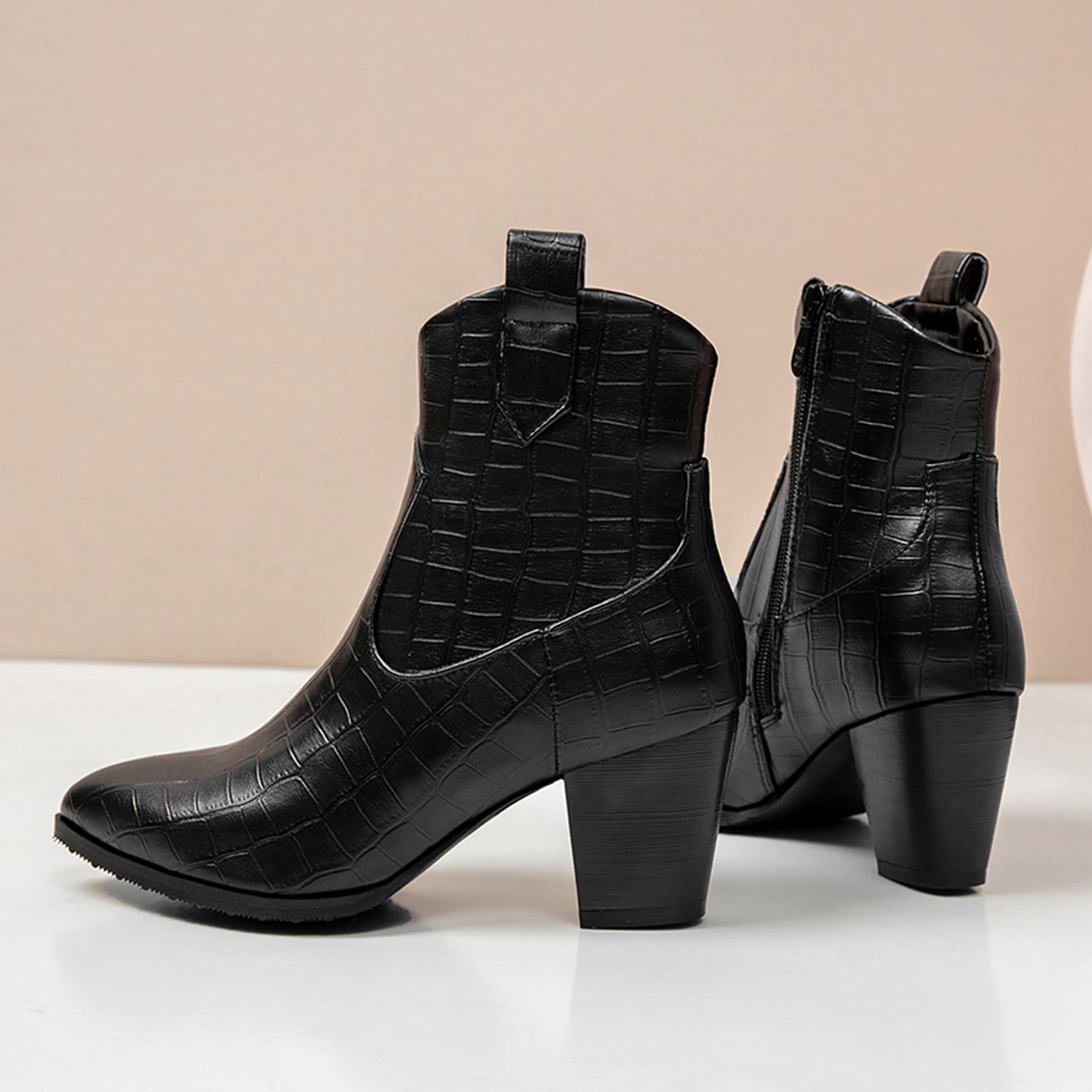 Botines Mujer Tacón Ancho, Botas de Vaquero Casual Zip Botines Tacón Medio Puntiagudo, Talla 32-54