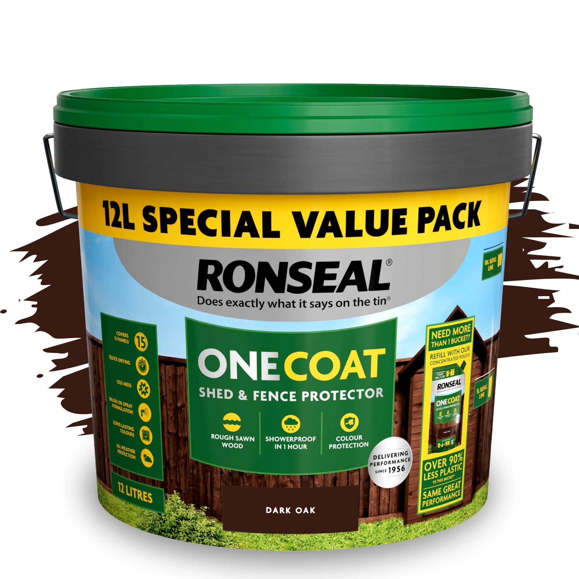 SAVING HUB One Coat Fence Paint 12L- Garden Wood Stain - Outdoor Shed & Timber Protection for Fencing, Trellis & Panels - Weather Resistant, Matt Finish, Quick Dry Formula (Dark Oak, 12 Liter)