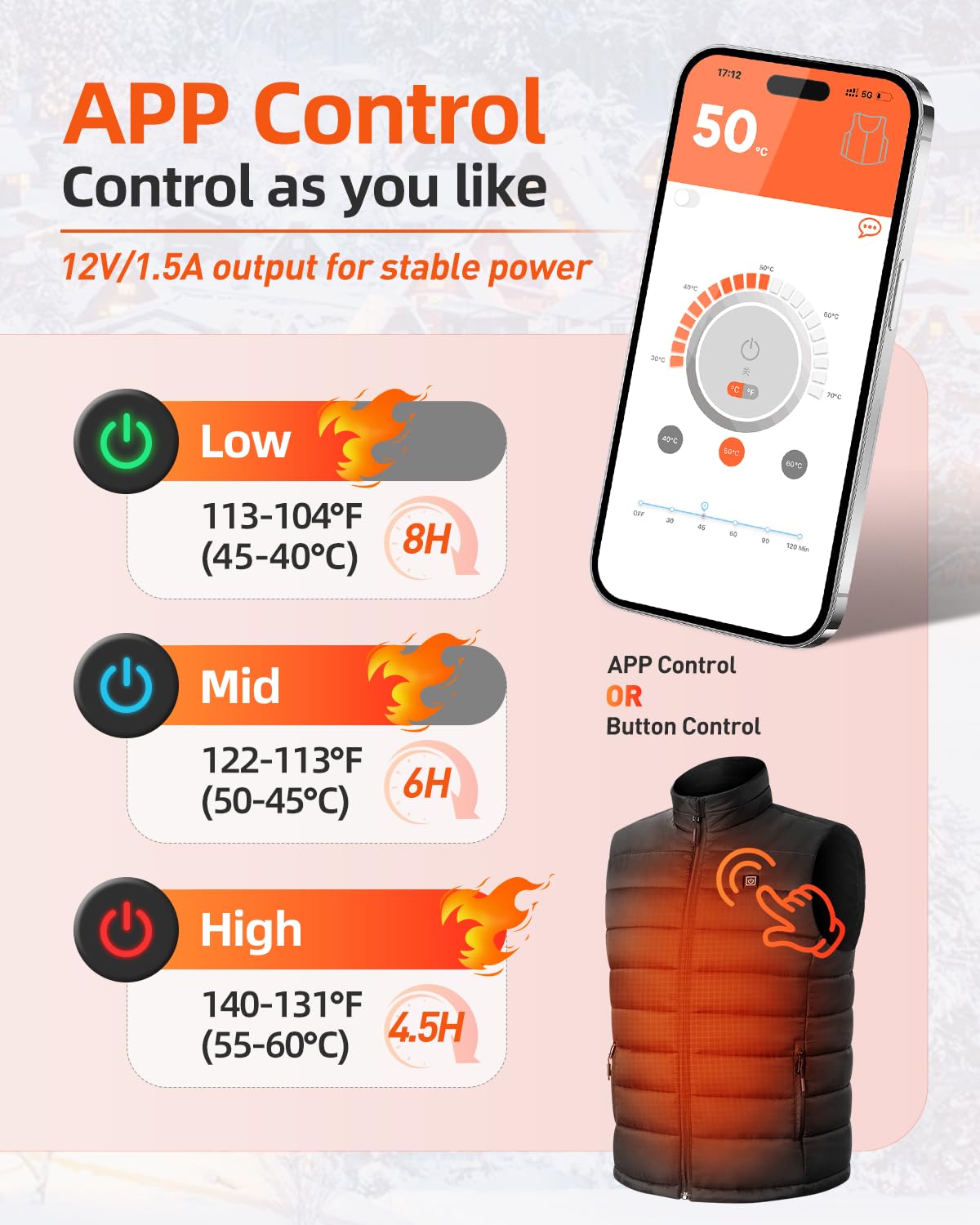 POSUGEAR Chaleco Térmico con APP Control para Hombre, Batería 12V 12000mAh, Función de Energía Móvil, Chaleco Ligero con Amplio Rango de Calentamiento (XL, Negro)