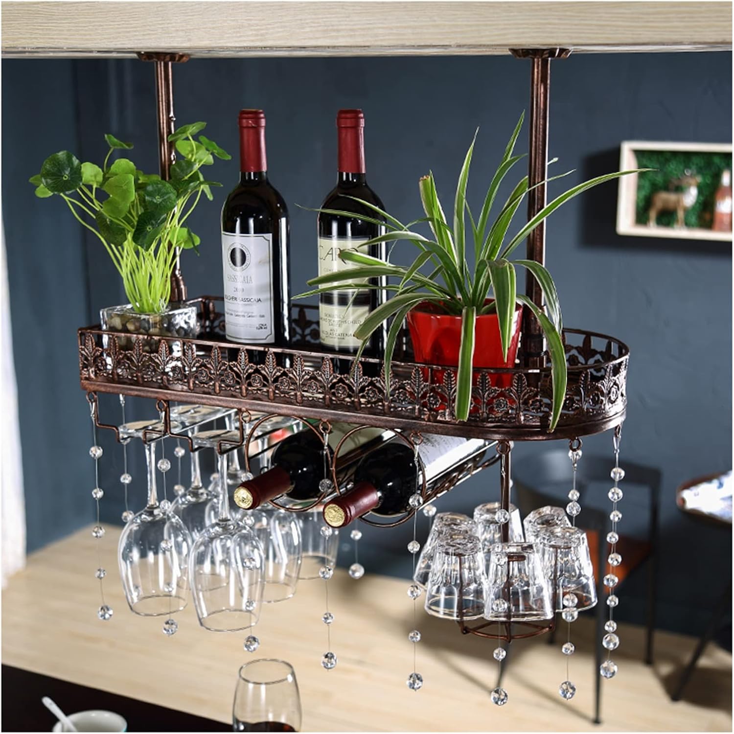 Iron Industrial Style Wine Rack, Ceiling Decoration Rack, Flower Rack Suitable for Living Room Restaurant Bar (Color : Bronze, Size : 80CM)