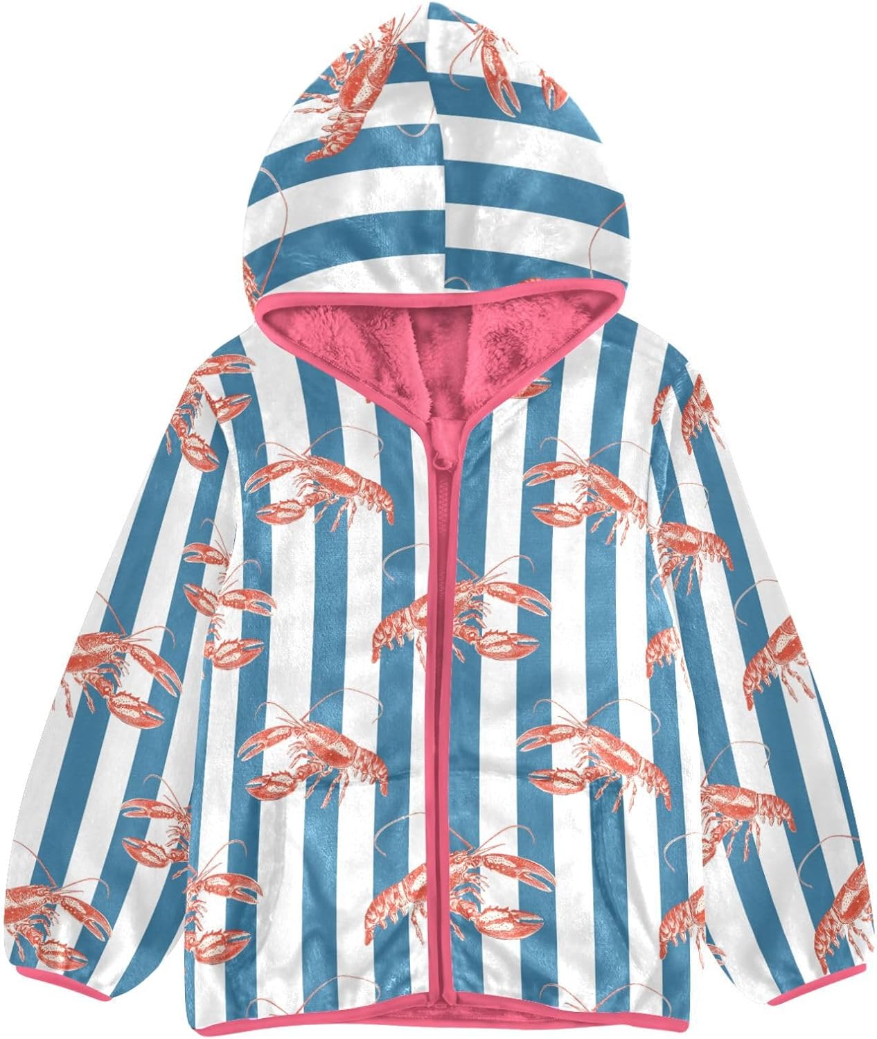 Girls Hoodie Outfit Red Lobster Linocut Print Pattern Zipper Sweatshirt Coat Fleece Jacket for Kids 3-10T