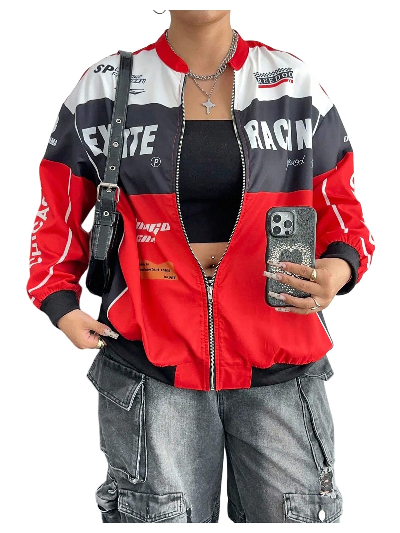 Women's Plus Size Y2K Letter Print Zip Up Motorcycle Jackets Colorblock Fall Outerwear