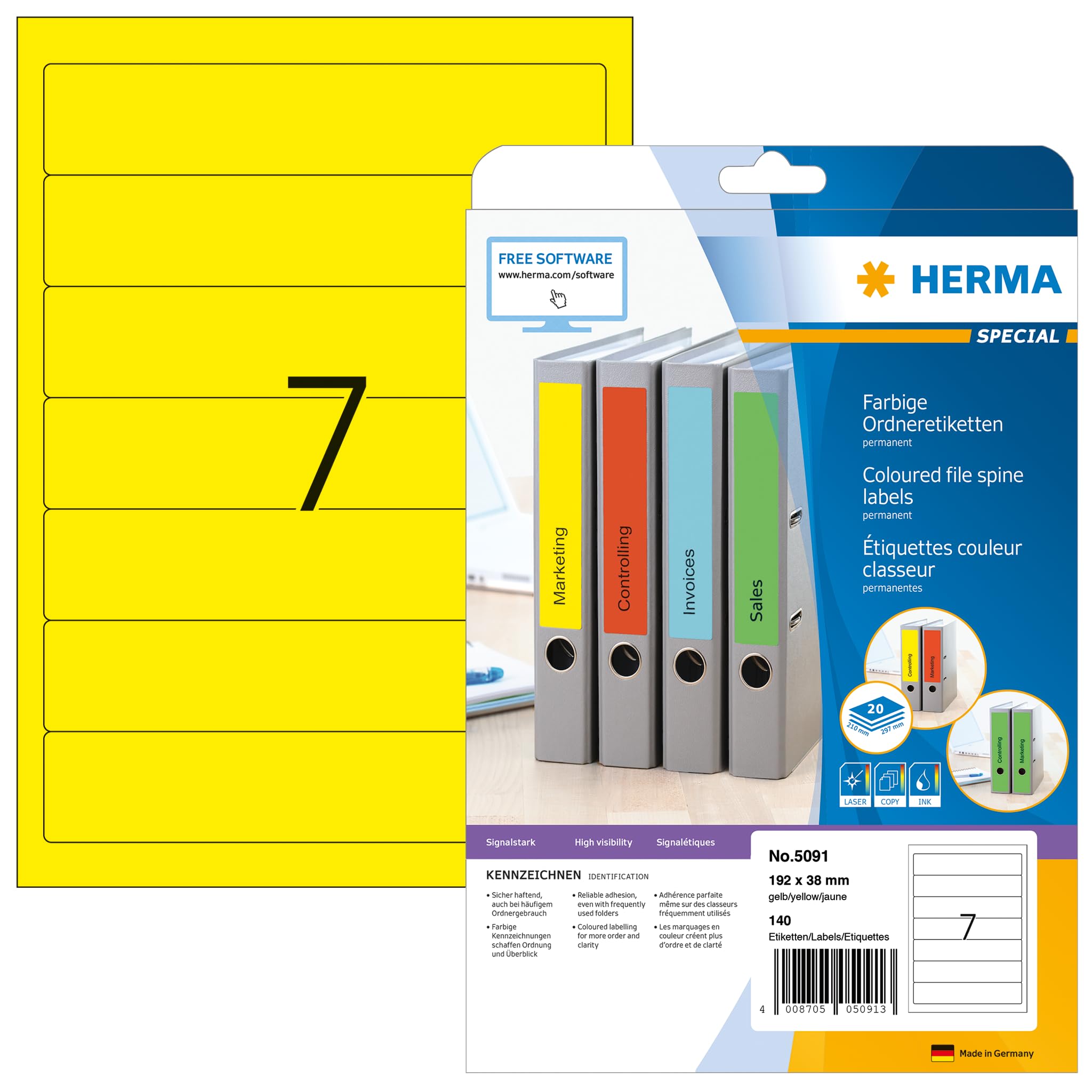 HERMA Self Adhesive Spine Labels, 7 Labels per A4 Sheet, 20 Sheets, 192 x 38 mm, 140 Labels, Blank Lever Arch File Folder Labels Stickers, Sticky Labels for Laser & Inkjet Printer, Yellow