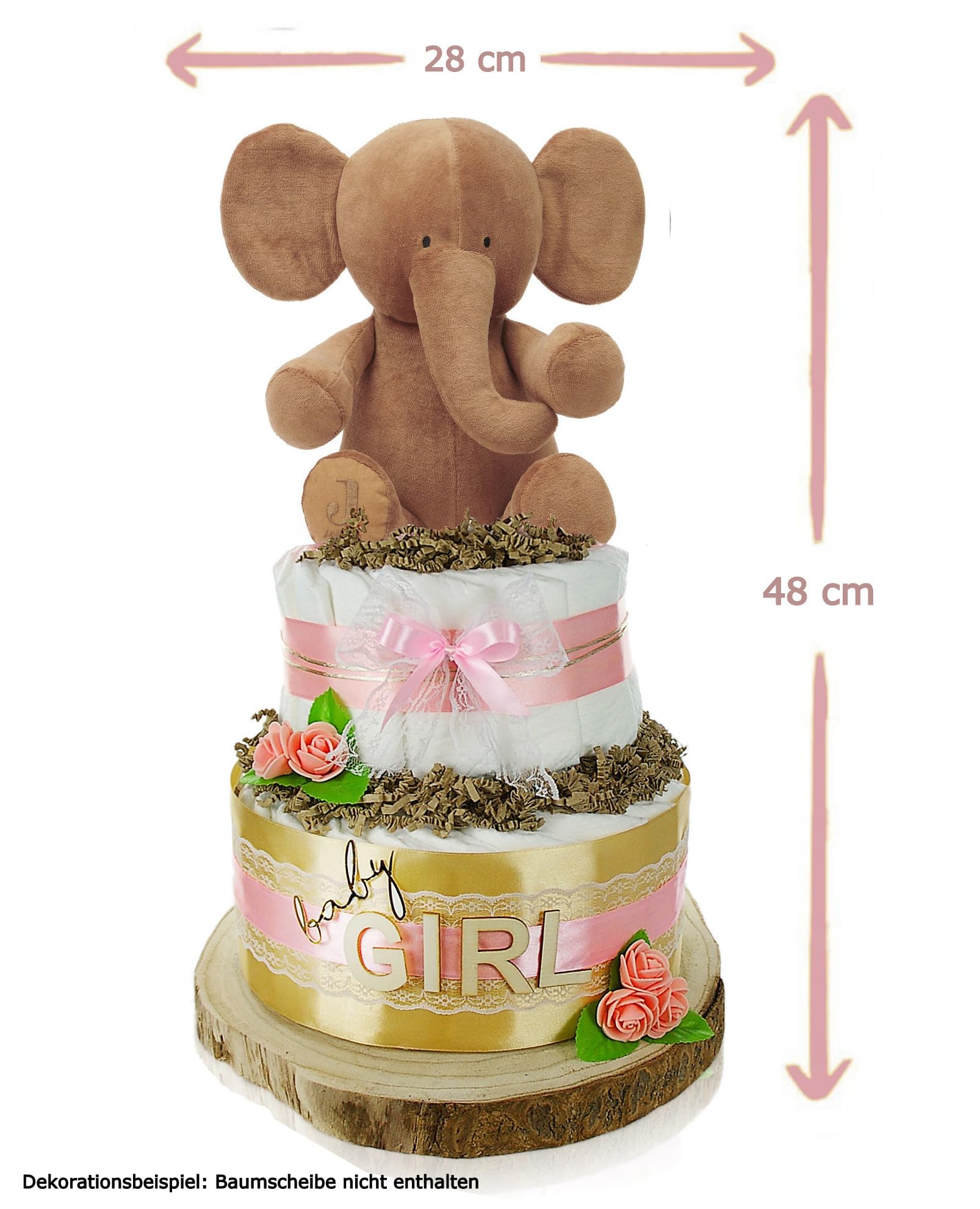 Windeltorte LITTLE PEANUT, rosa | Personalisierbar mit Name und Geburtsdaten | 2-stöckig mit Kuscheltier Elefant bedruckbar