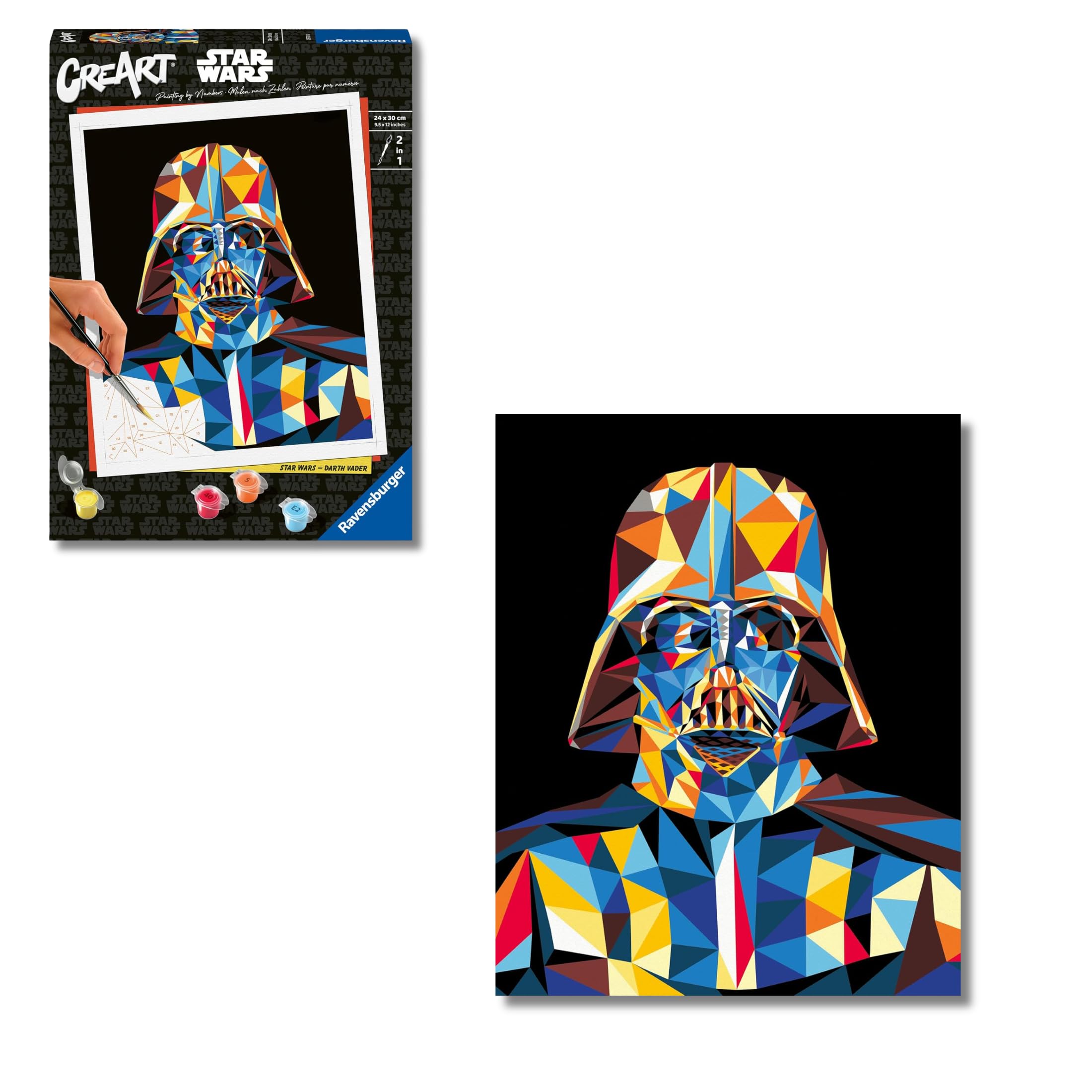 Ravensburger CreArt Starwars Darth Vader stile Poligono, Kit per Dipingere con i Numeri, Contiene Tavola Prestampata 24x30 cm, Pennello, Colori e Accessorie Relax per Adulti 14+ Anni