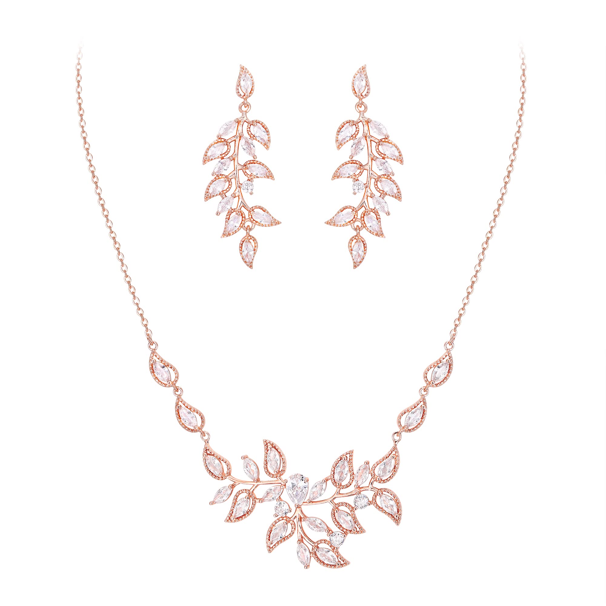 EleQueen Wedding Jewelry Sets for Bride Bridesmaid, CZ Marquise Leaf Floral Bridal Necklace Earrings Set Costume Jewelry Gifts for Women Party Prom