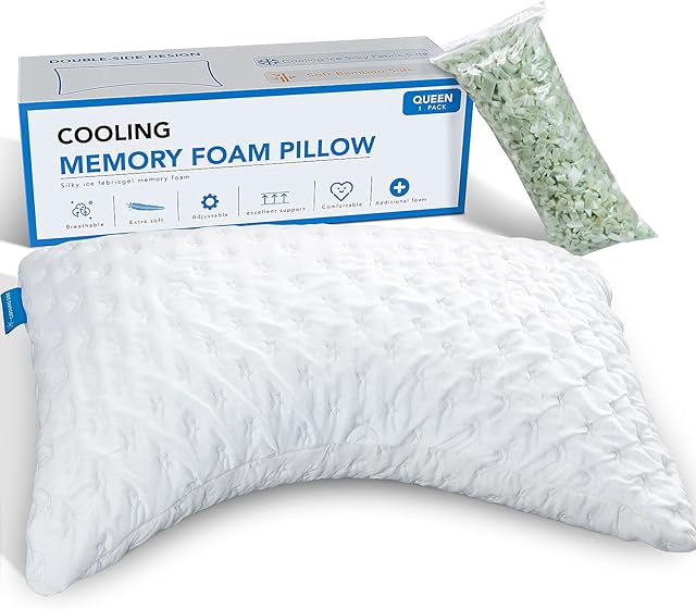 SKYNY Cooling Side Sleeper Pillow for Neck and Shoulder Pain Relief, Adjustable Shredded Memory Foam Neck Pillows Sleeping, Cervical Support Bed Pillows, Queen Size Bed Pillows for Sleeping