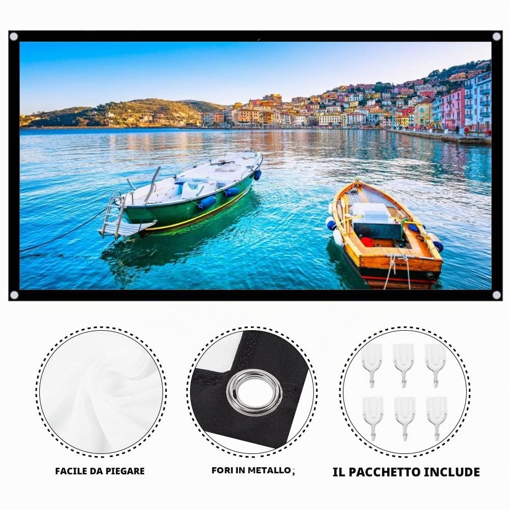 T opiky Schermo di proiezione portatile da 60 a 150 pollici, tenda di proiezione HD pieghevole 16: 9 in poliestere senza pieghe con angolo di visione visivo per film interni ed esterni(70")