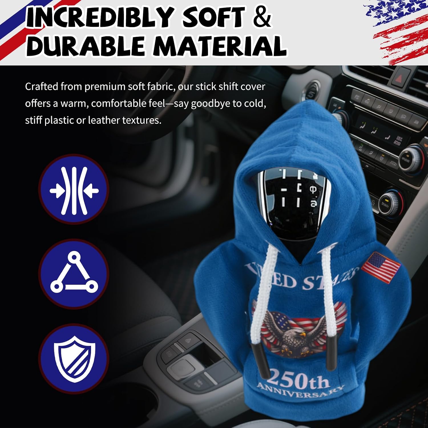 USA 250th Anniversary Gear Shift Cover,4th of July Decorations Funny Car Gear Shift Hoodie with American Flag & Eagle,Soft Shifts Knob Cover Automotive Interior Accessories (Blue) image 5
