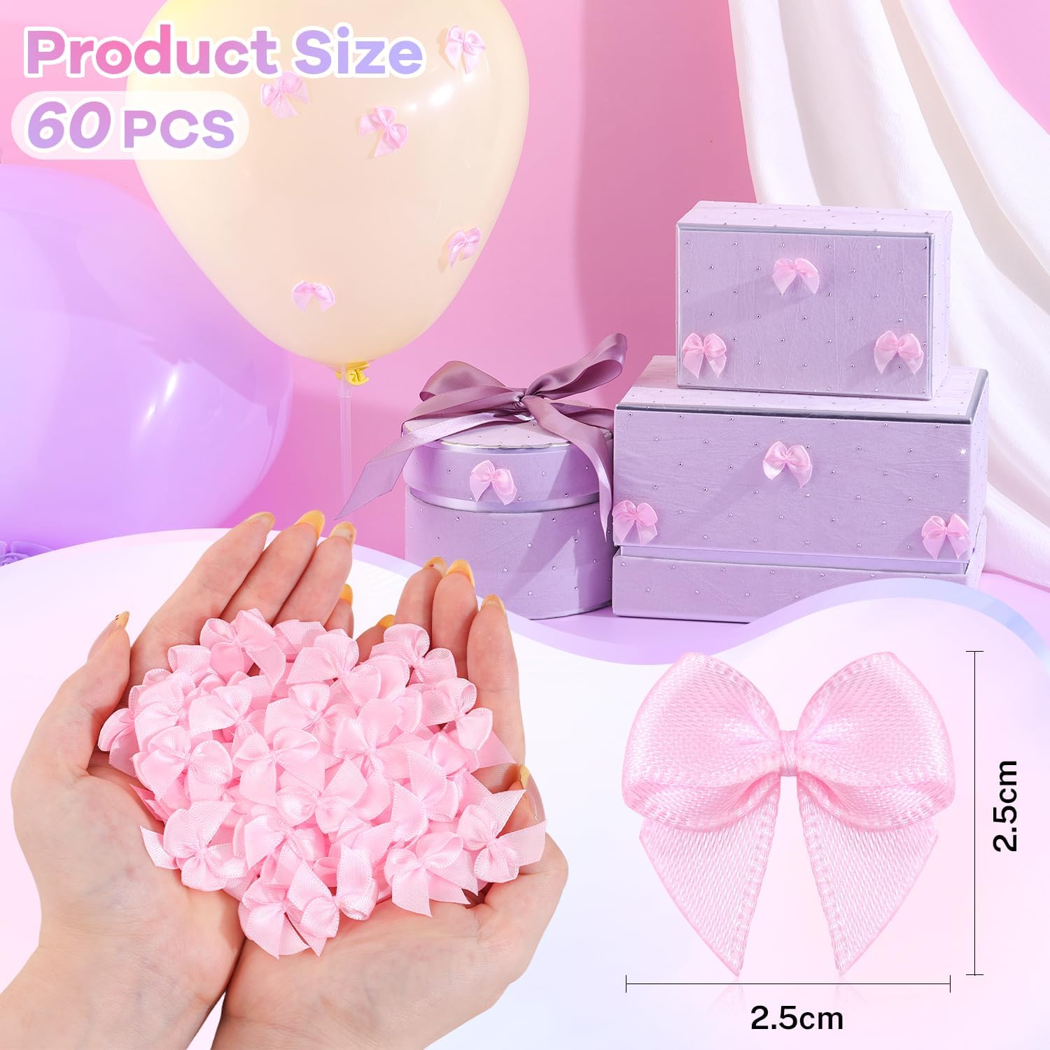 60PCS Tinkrstuff Pink Mini Bows for Crafts, 1" Fabric Small Bows for Decoration,Satin Ribbon Tiny Bow for Clothes Ornament, Cute Christmas Tree Bows &Thanksgiving Gifts Party Cake Balloon Decor - Image 2