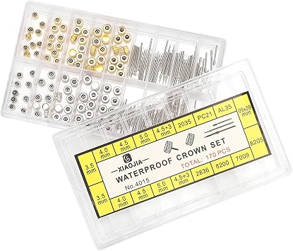 Qinlorgo Watch Parts, Stainless Steel Watch Stem Extender + Crowns Watch Extender Watch Repair Kit with Box for Watch Makers and Watch Repairing Worker