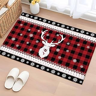 Entryway Rug 2'x3', Red Black Christmas Non Slip Door Mat Indoor Entrance, Winter Deer Xmas Elk Snowflakes Washable Small Area Rugs Low Pile Front Door Rugs for Kitchen Bathroom