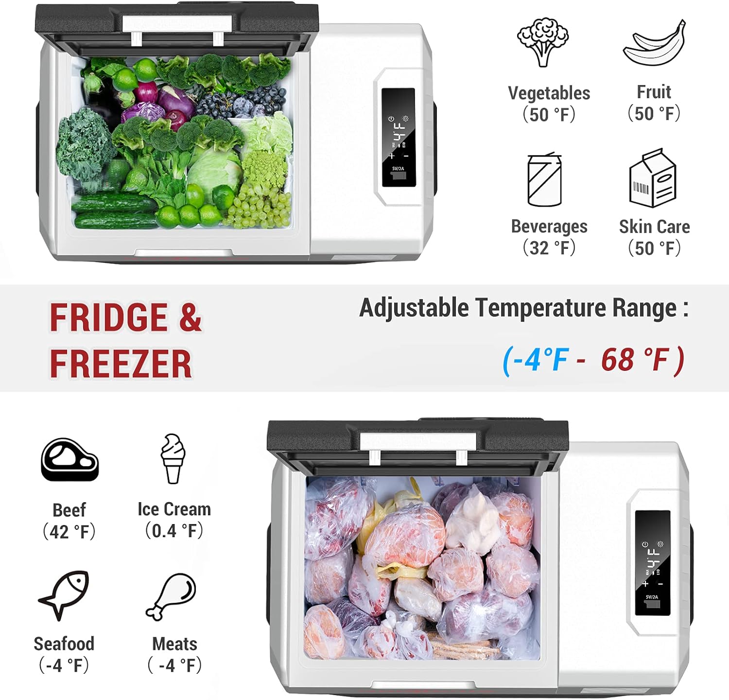 Rockpals 50 Quart Portable Refrigerator showing internal compartments for fridge and freezer use, with adjustable temperature range.