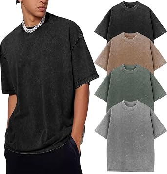 Flygo Mens Oversized T-Shirts Vintage Cotton Acid Wash Baggy Tees